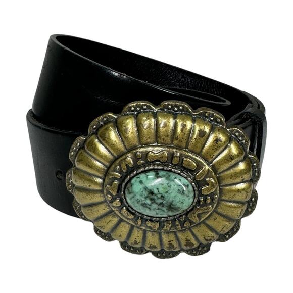 Vintage AV Max NYC Black Leather Flower Stone Buckle Belt Small Western Boho - Picture 2 of 5